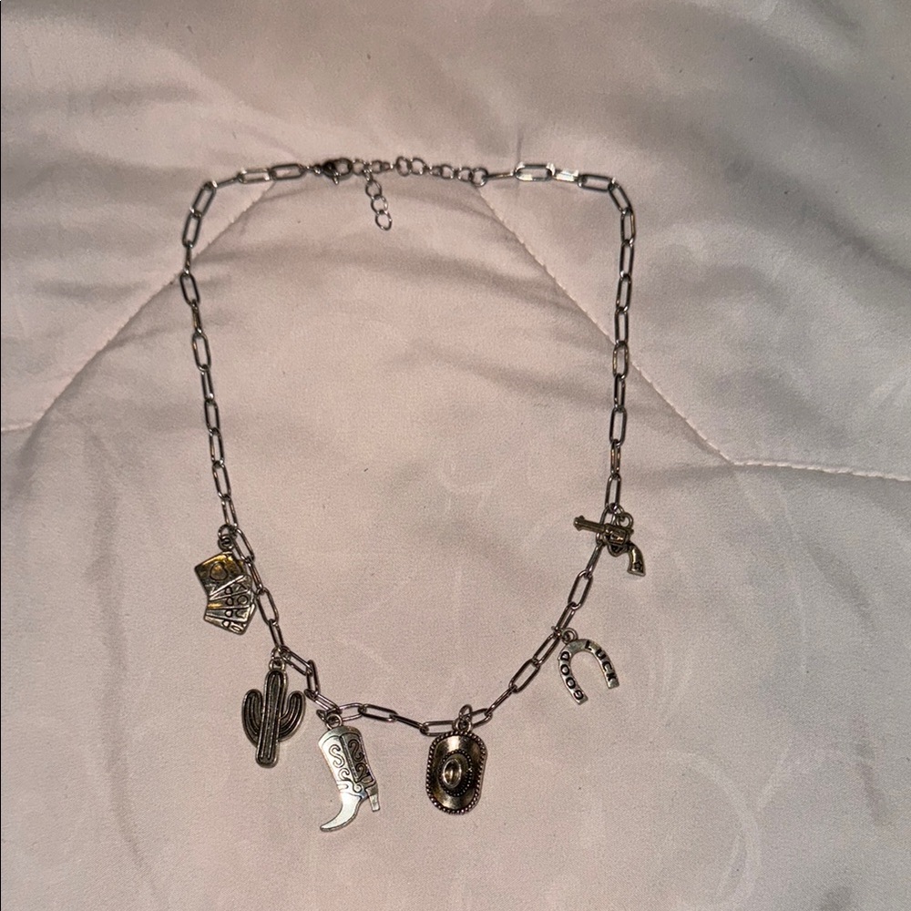 Silver-Tone Western Charm Necklace - Cowgirl Motif